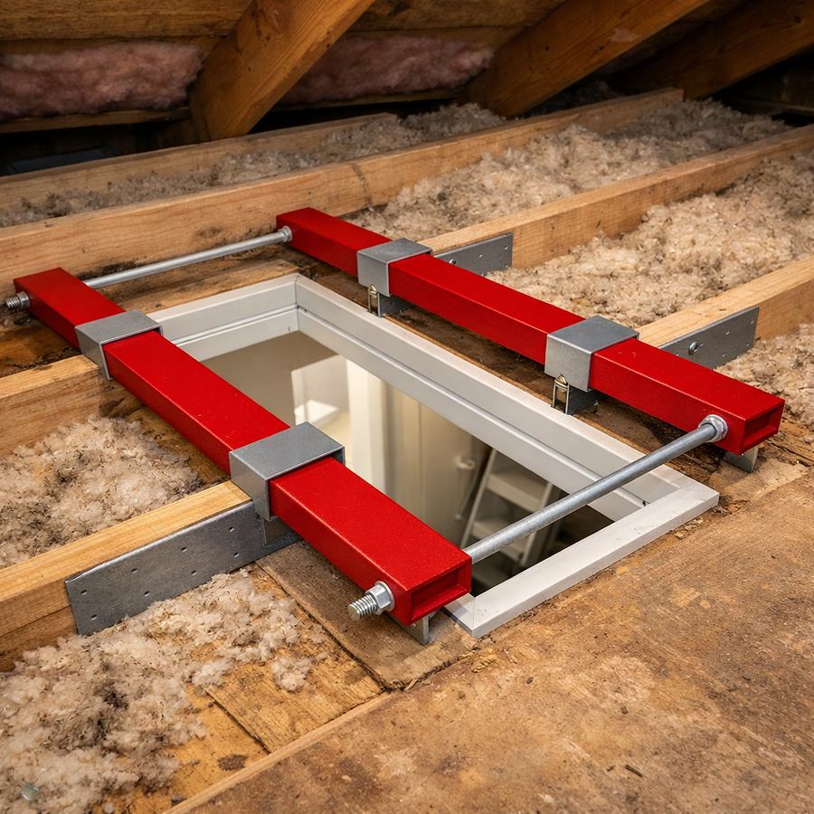 Attic access bulkhead installed around a framed attic opening