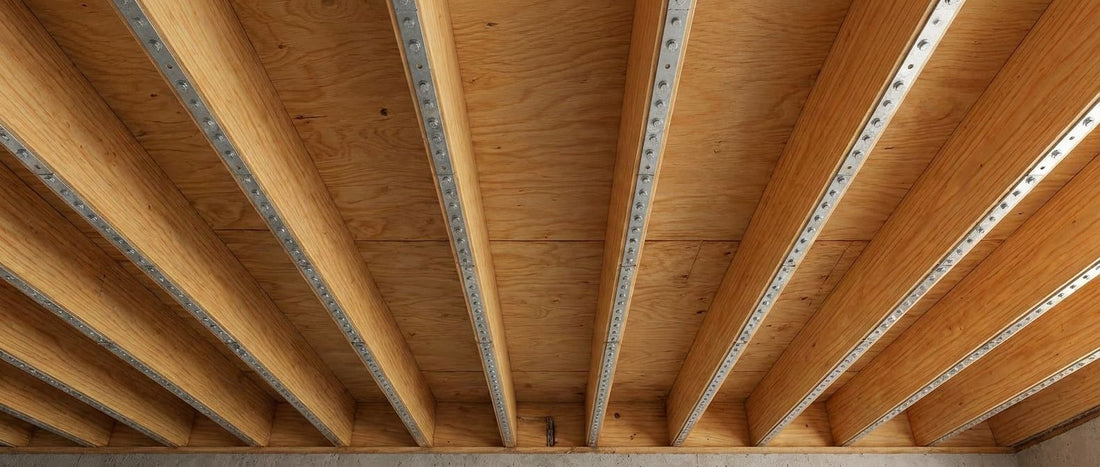 Close-up basement view of Nolan Floor Joist Stiffening Straps running along exposed wood floor joists