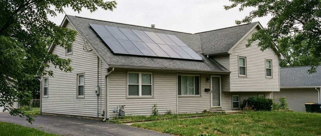 Solar panel array on the asphalt-shingle roof of an existing house