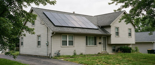 Solar panel array on the asphalt-shingle roof of an existing house