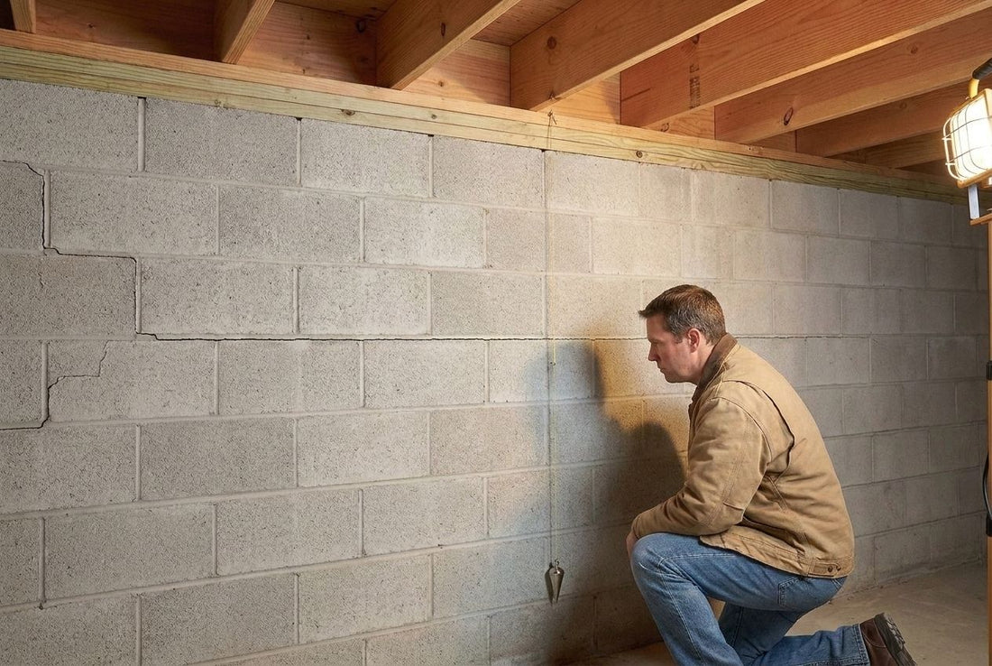 Contractor checking a bowed concrete-block foundation wall against a freely hanging plumb line