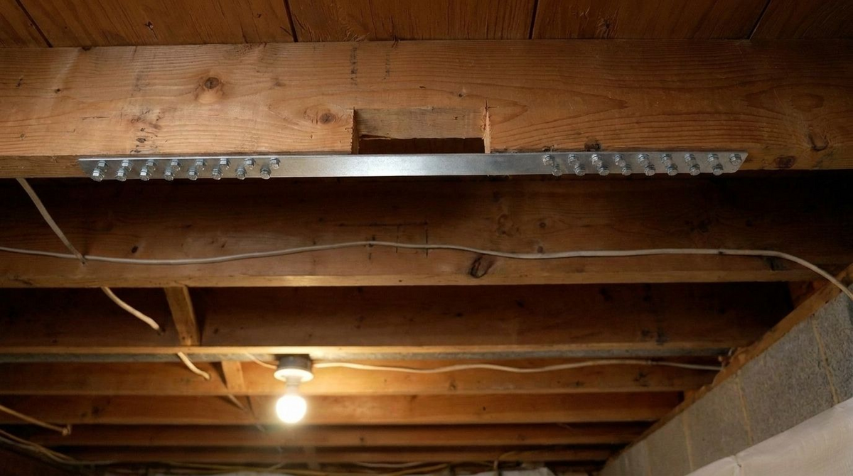 Nolan Joist Repair Kit installed on a damaged solid-sawn floor joist