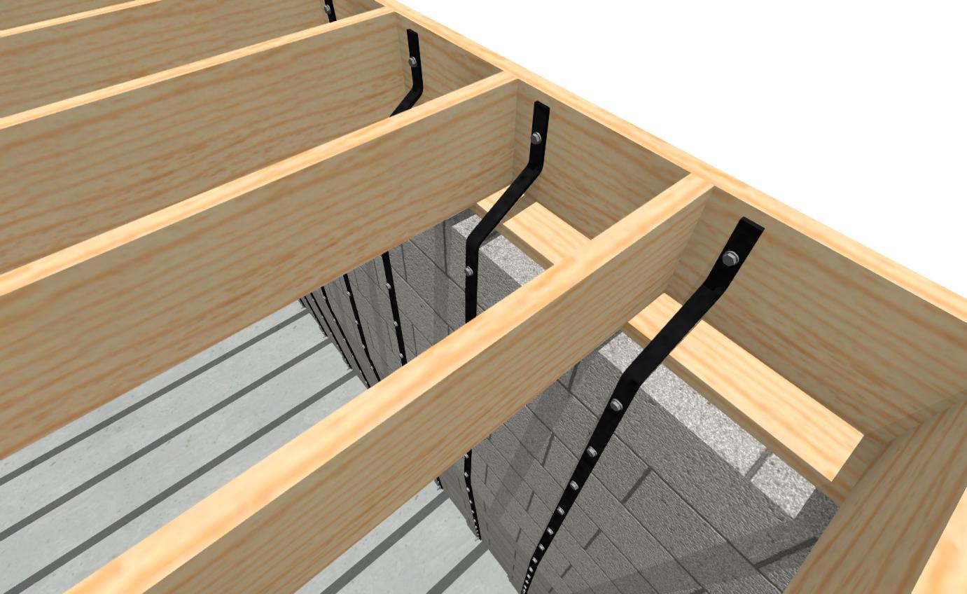 Technical rendering of Basement Wall Strap top connections at the sill and floor framing