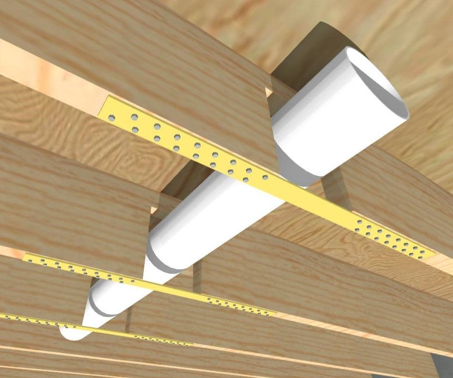 Rendering of Nolan Joist Repair Straps spanning damaged floor-joist areas around utility penetrations