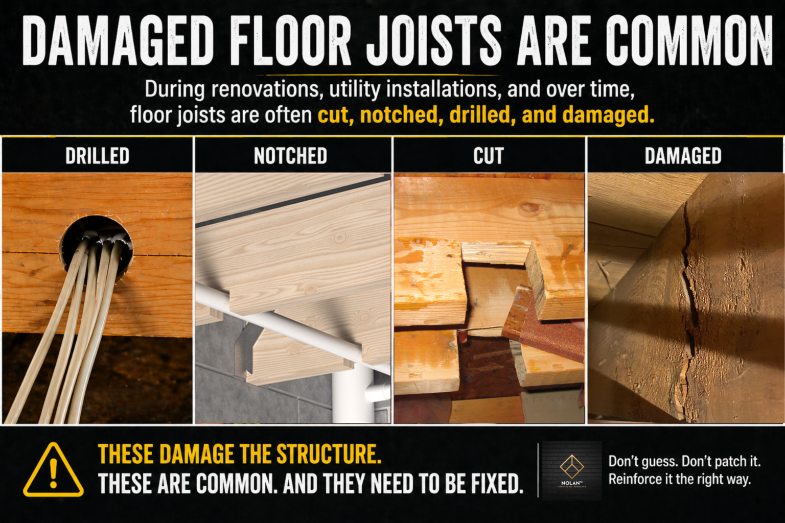 Examples of drilled, notched, cut, and otherwise damaged solid-sawn floor joists